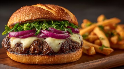 Succulent gourmet beef burger topped with melted cheese, crispy red onions, and fresh garnishes