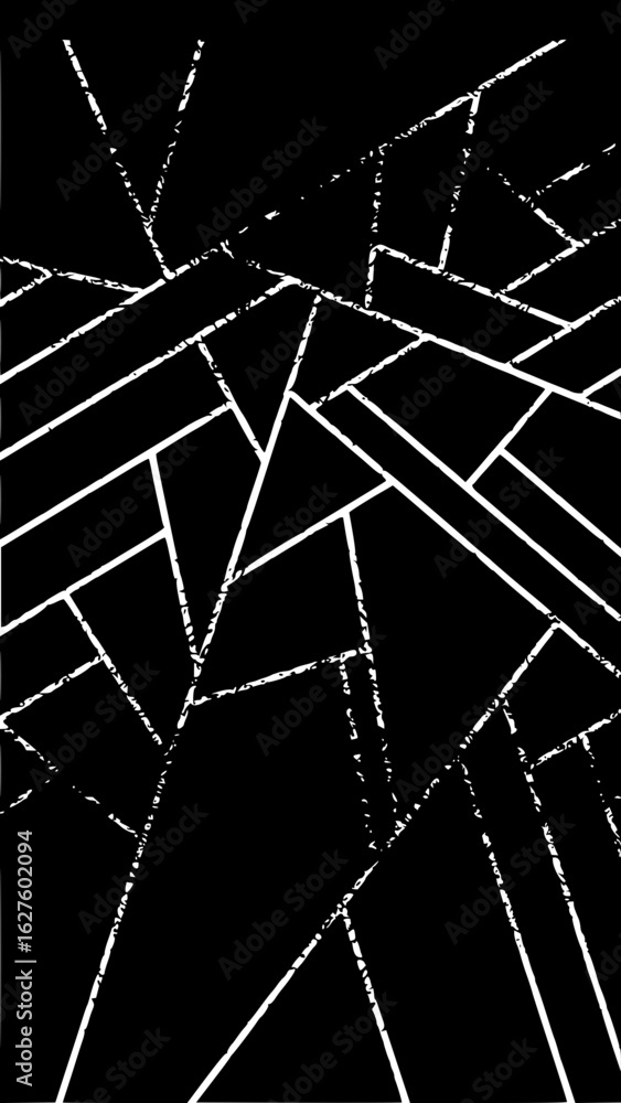 Poster abstract black background with white geometric shapes and textured lines scattered randomly across t