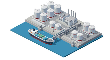 Isometric cargo port with oil tanks and container ship on the water