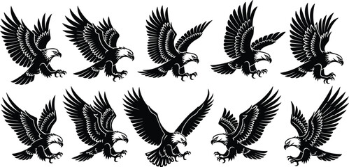 Eagle silhouette set, black and white bird illustrations, flying and attacking poses, fierce talons, majestic raptor vector design