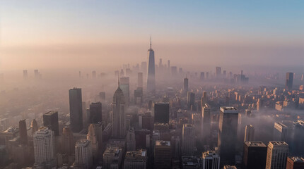 Aerial view of a misty New York City skyline at sunrise, featuring iconic skyscrapers like the Empire State Building and One World Trade Center.