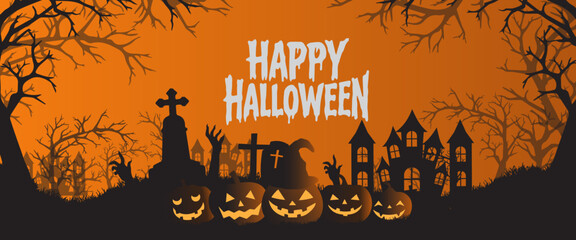 Happy halloween with spooky cartoon cards or banners with bats, pumpkins, ghosts, City panorama in halloween style. Scary halloween isolated poster background, city panorama in halloween background
