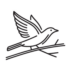A black and white line drawing of a stylized bird perched on a slender branch.
