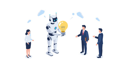 Isometric ai robot sharing ideas with business team in modern office concept