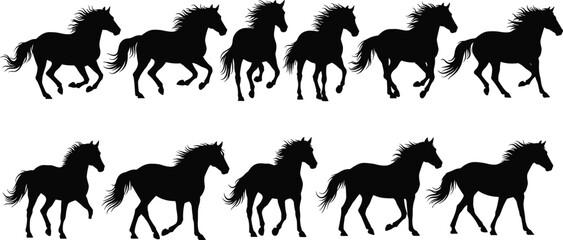 Horse silhouette set, walking and trotting horses, black equine poses, dynamic animal illustration, graceful horse movement, vector art collection