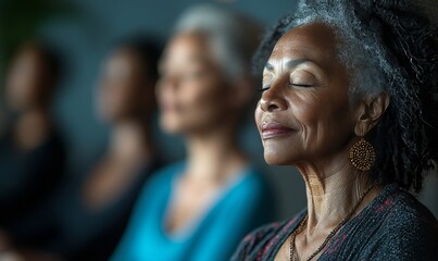 Senior Black women meditating together at a spa retreat. Retired elderly African American female pensioners practicing yoga, meditation, and deep breathing exercises in a calming blue, Generative AI