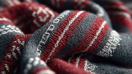 Close-up of textured fabric with red and grey patterns