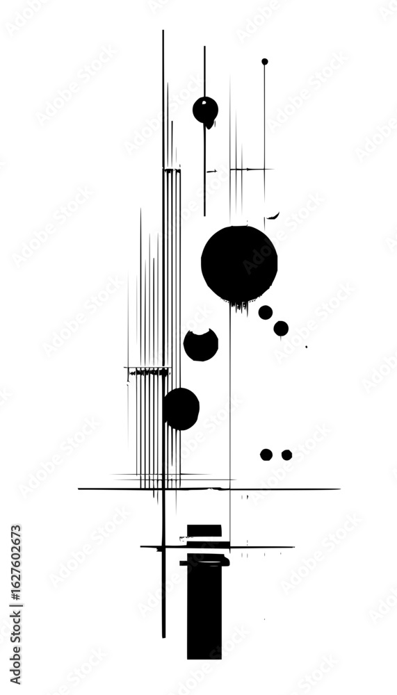 Poster abstract composition featuring black circles and lines in a minimalist style on a white background
