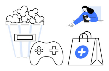Popcorn bucket, game controller, shopping bag with a medical symbol, and a person browsing a tablet. Ideal for entertainment, gaming, shopping, healthcare, leisure technology simple landing page