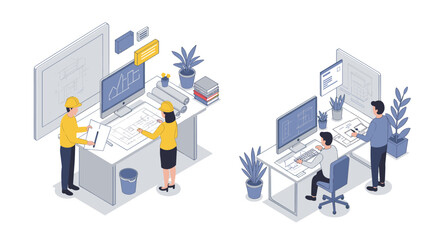 Isometric modern office with engineers and architects working on design projects
