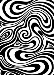 Abstract black and white pattern featuring swirling lines and shapes creating an optical illusion