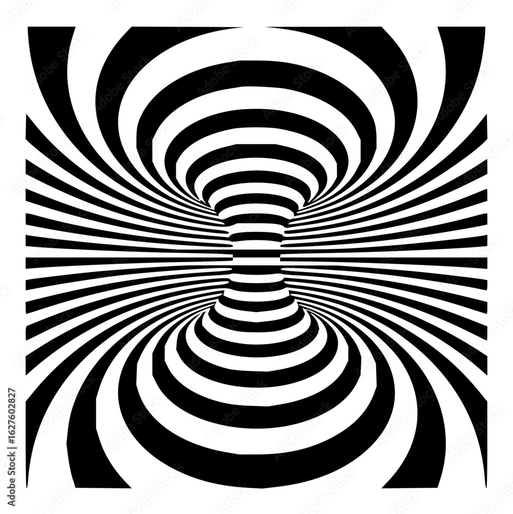 Poster optical illusion of a striped tunnel with black and white lines creating a vortex like appearance