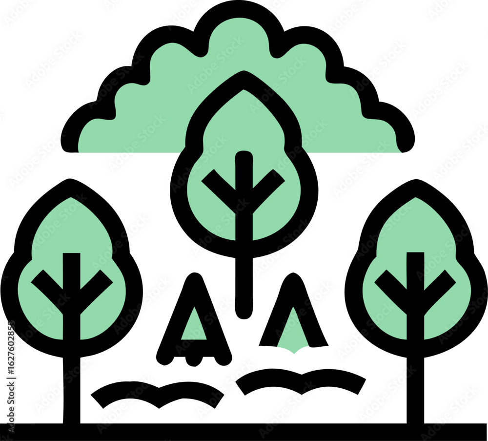 Poster a stylized minimalist icon representing a forest scene with trees and possibly other natural element