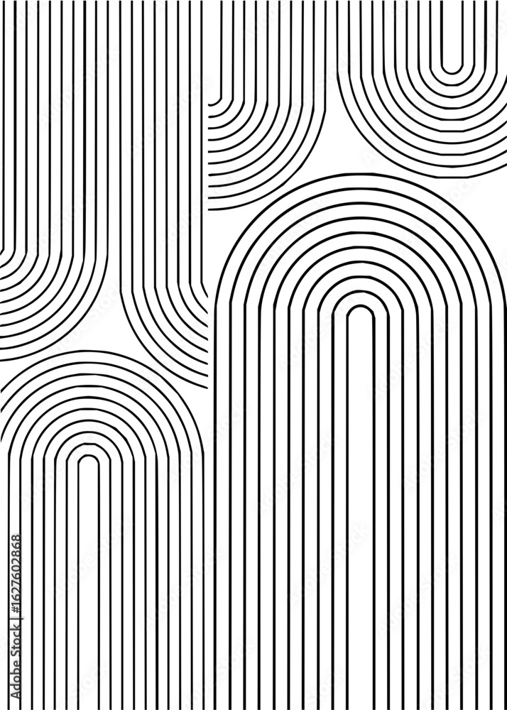 Poster abstract minimalist design featuring black parallel lines forming arches and vertical segments