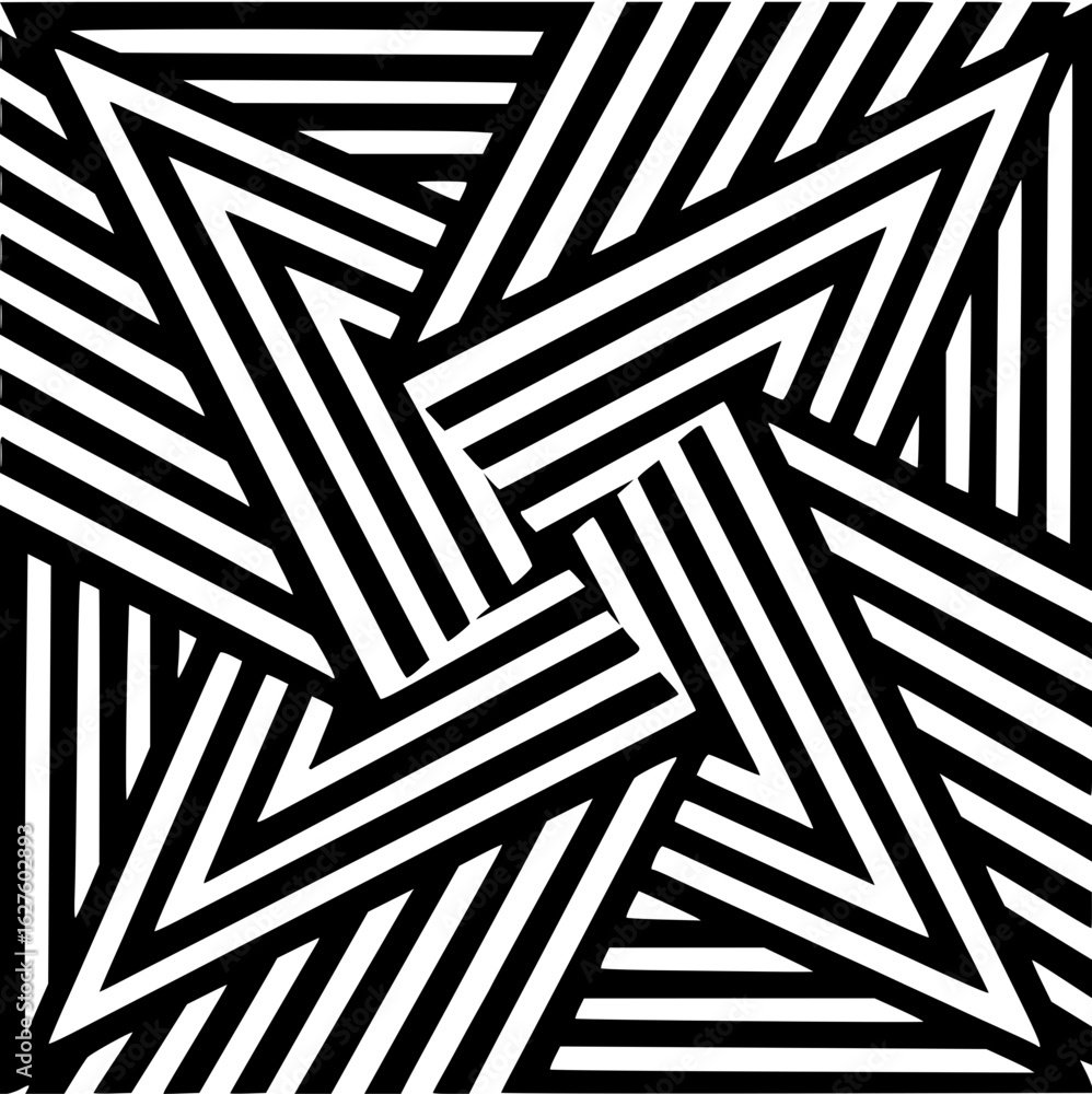Poster black and white striped pattern forming a star shape with angular lines and geometric abstraction ar