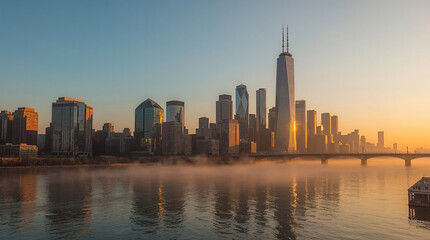 Obraz premium Panoramic view of a misty cityscape at sunrise, with towering skyscrapers reflected in the calm water of a river.