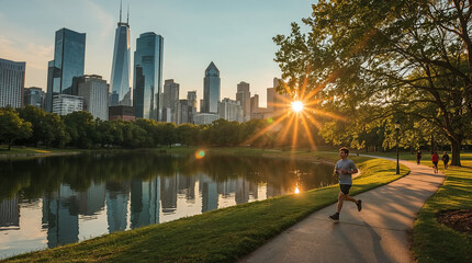 A lone runner on a path in a park with a city skyline and lake reflecting the sunlit skyscrapers at sunset.