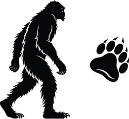 Bigfoot Sasquatch Silhouette with Footprint – Mythical Creature Vector Illustration for Camping, Cryptid Lore, and Wilderness Designs