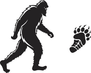 Fototapeta premium Bigfoot Sasquatch Silhouette with Footprint – Mythical Creature Vector Illustration for Camping, Cryptid Lore, and Wilderness Designs