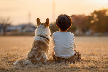 夕陽の中の犬と子供の後ろ姿.Generative AI