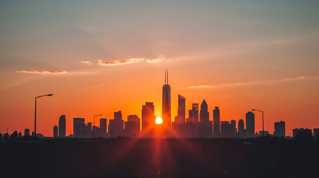 A vibrant sunset paints the sky behind a city skyline, casting a warm glow on the urban landscape. The sun's rays flare out from behind a prominent skyscraper.