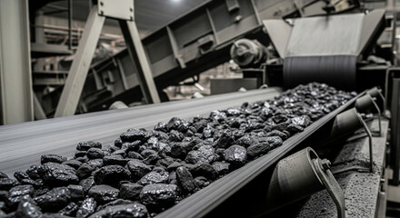 Close-up of coal on the conveyor belt of a beneficiation factory, the process of transporting minerals, coal mining industry