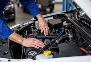 Mechanic's hands repairing a car engine in an auto repair shop.