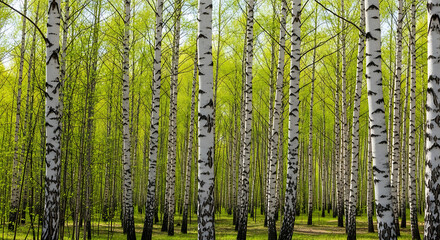 A beautiful panorama of a birch forest in springtime, with slender white trunks and fresh green foliage.