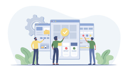 Three people interacting with interface screens and a gear in the background design project team