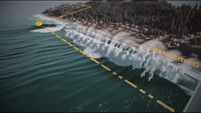 Layered 3D illustration of tsunami wave height differences approaching various coastlines with population risk areas
