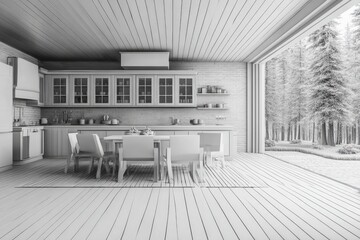 Interior design rendering of a bright kitchen with a view of a forest.