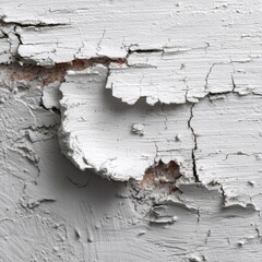 Close-up of weathered, white paint peeling from wood