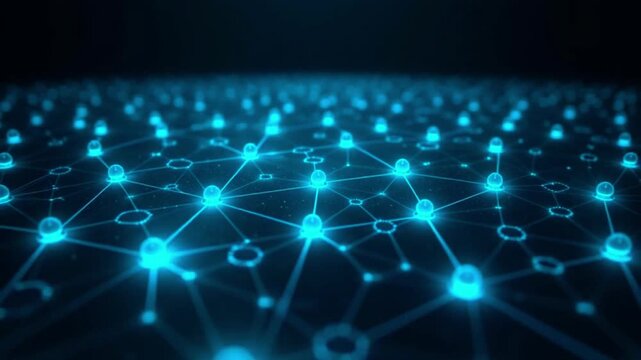 Dynamic network animation with glowing nodes and interconnected lines illustrating a modern tech system with moving data flow and digital connectivity. AI generative video - Powered by Adobe