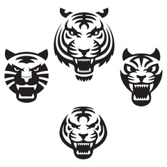 A set of four black and white tribal-style tiger head logos Silhouette White Background. 