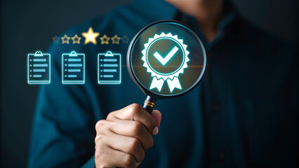 Businessman uses a magnifying glass to find success on a virtual screen, symbolizing future business solutions through technological connection