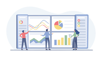 Fototapeta premium Team analyzing data charts and graphs on large screens in a business meeting environment setting