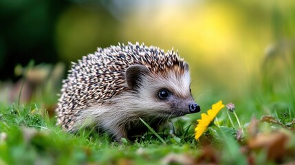 Cute hedgehog in a grassy field.