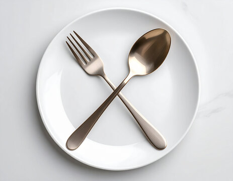 Tablespoons and cutlery in a white ceramic plate, top view