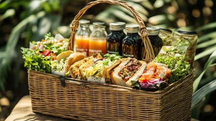 A wicker picnic basket filled with assorted gourmet sandwiches, salads, and drinks.