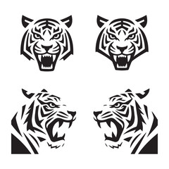 A set of four black and white tribal-style tiger head logos Silhouette White Background. 