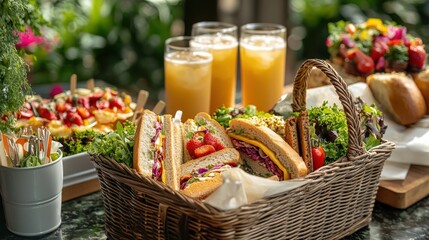 Picnic basket filled with sandwiches, salads, and fruit.