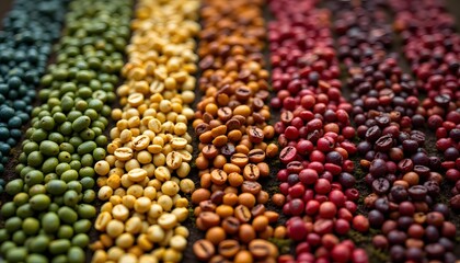Fototapeta premium The dense, oily seeds, cultivated from tropical evergreen shrubs, undergo meticulous processing methods, including washing and drying, to unlock their complex flavor profiles