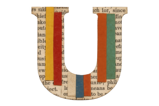 Collage Letter U Formed from Newspaper Text and Textured Paper Strips in Earthy Tones