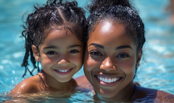 Happy smiling Black African American mother and daughter swimming during summer vacation. The image symbolizes family bonding and enjoyment of holiday activities, Generative AI