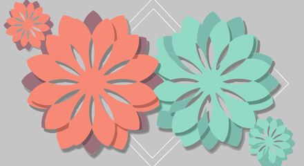 Obraz premium Abstract floral design with coral and teal paper flower shapes layered on a light gray background. Geometric patterns and shadows enhance the 3D effect.