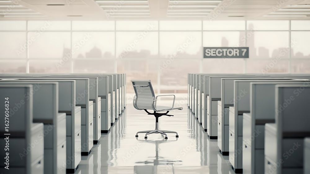 Poster empty office with rows of desks and chairs, creating a sense of solitude and anticipation in the mod