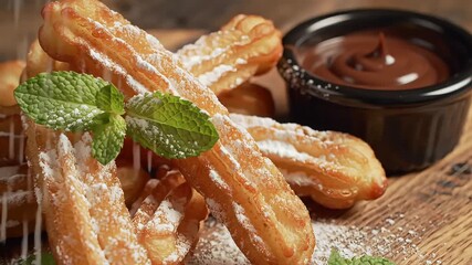 A close up of churros with powdered sugar and mint leaves served with chocolate dipping sauce
