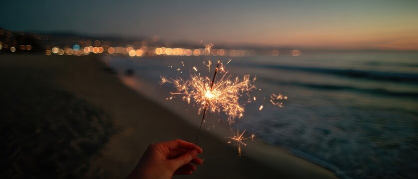 The sparkler illuminating a serene beach at twilight during a joyful celebration.