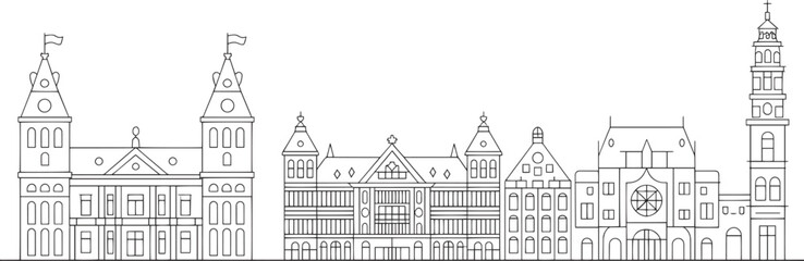 Obraz premium Amsterdam Skyline Silhouette Vector Illustration Outline Cityscape Netherlands Urban Travel