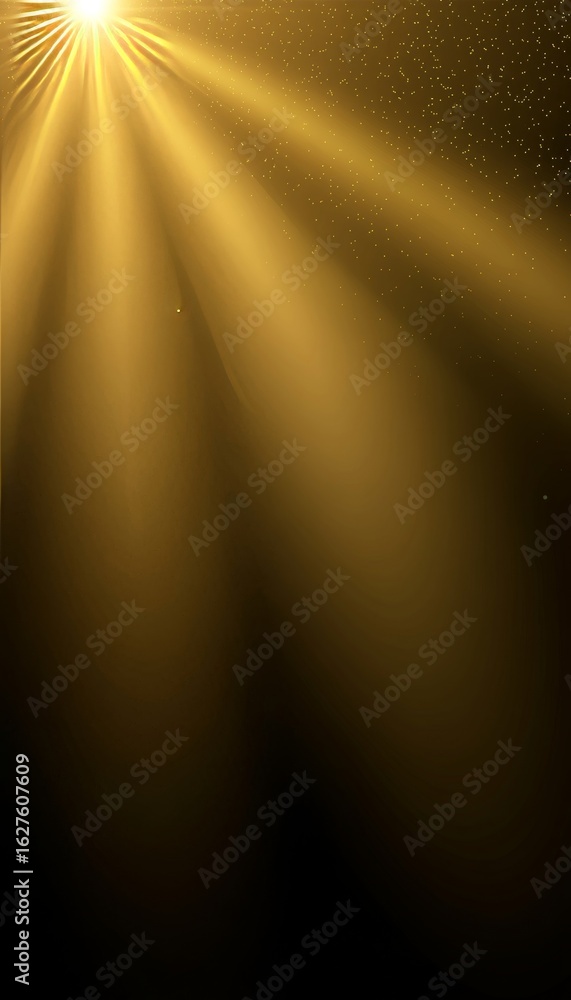Poster golden light source emits solar flares into space, illuminating dark gradient background with rays